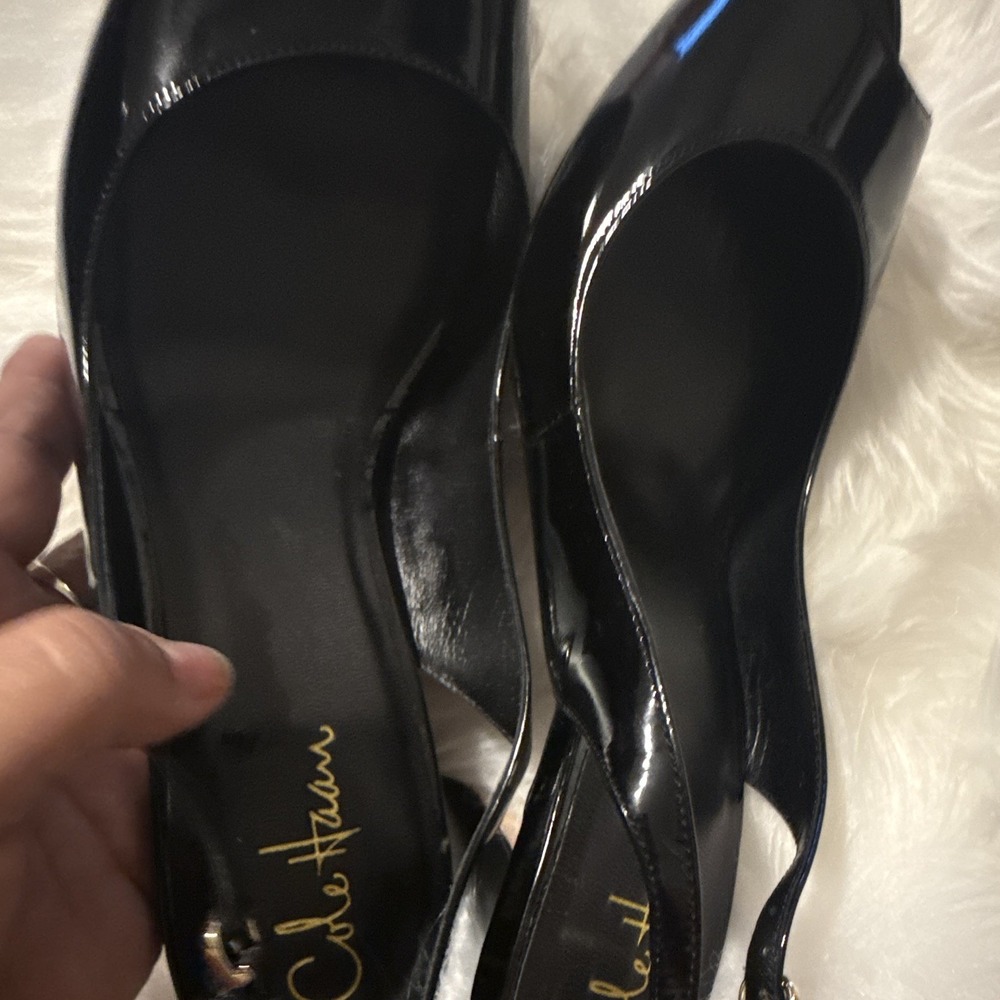 Cole Haan Black Patent Leather Slingback Open Toe Nike Air Stiletto Heels 10B - Picture 9 of 12